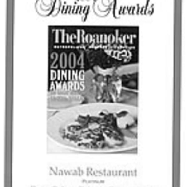 Nawab Indian Cuisine's 2004 Dining Awards from The Roanoker magazine, featuring a dish.