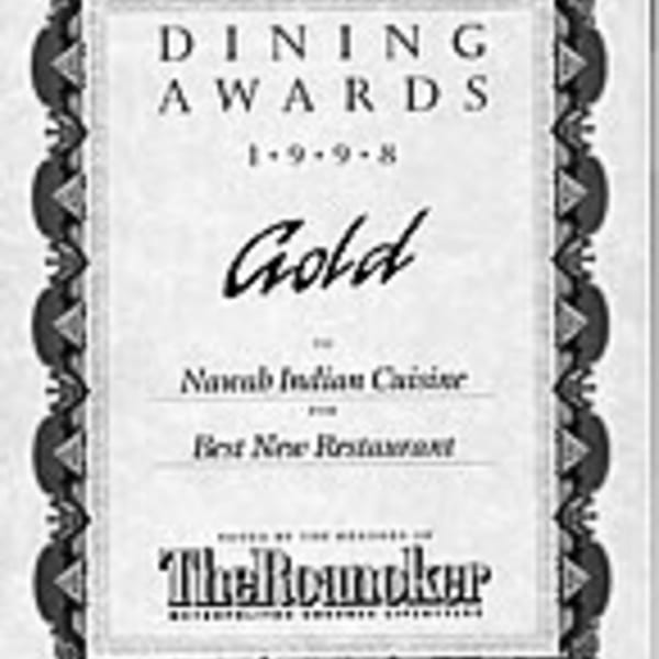 Nawab Indian Cuisine's 1998 Gold Dining Award for Best New Restaurant from The Roundup.