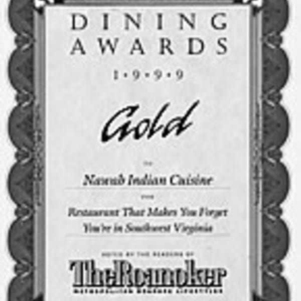 A 1999 Dining Awards certificate for Nawab Indian Cuisine, recognizing it as "Gold" for its food.
