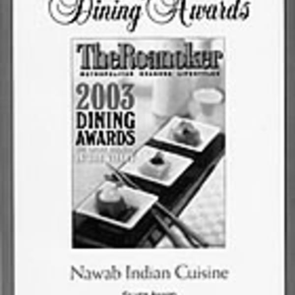 Nawab Indian Cuisine's 2003 Dining Awards certificate from The Roanoker magazine, featuring small appetizers.