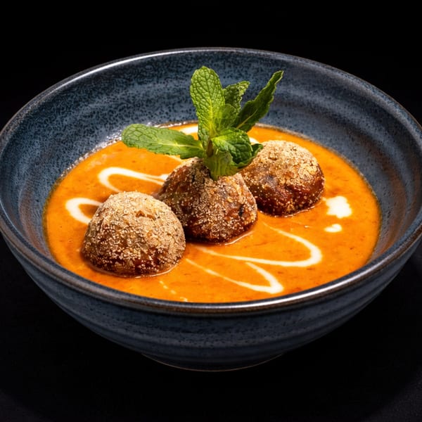 Three meatballs in a rich orange sauce with white swirls and a mint garnish in a dark bowl.