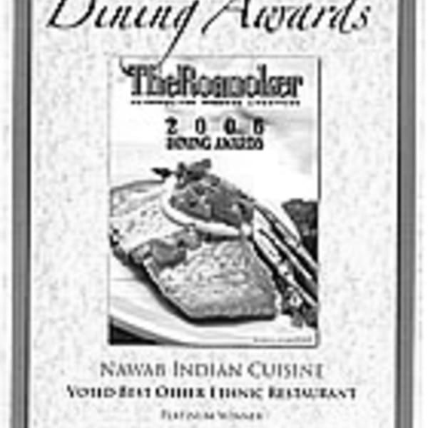 A black and white image of a Nawab Indian Cuisine award from The Roanoke Times, 2006.