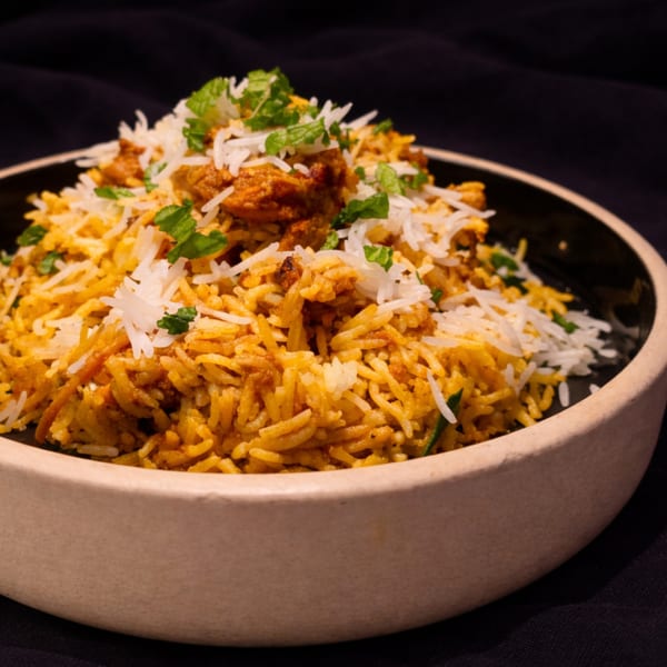 A close-up of a bowl of chicken biryani, garnished with fresh mint and white rice.